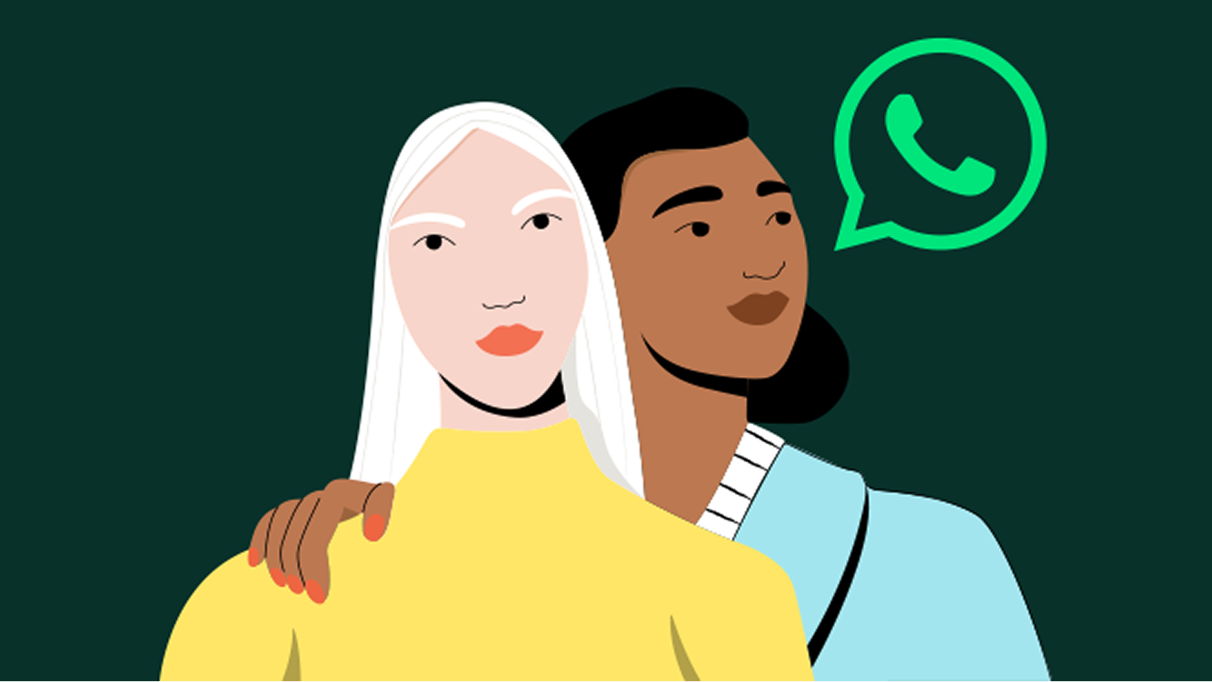 Ilustração de duas pessoas conversando com ícone de WhatsApp, representando o atendimento via aplicativo